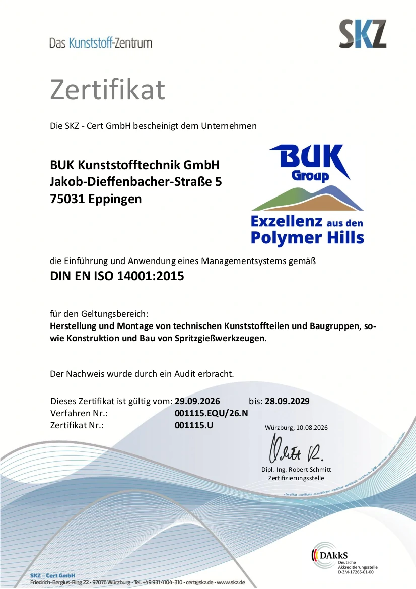 Zertifikat ISO 14001 Umweltmanagement BUK Kunststofftechnik GmbH herunterladen