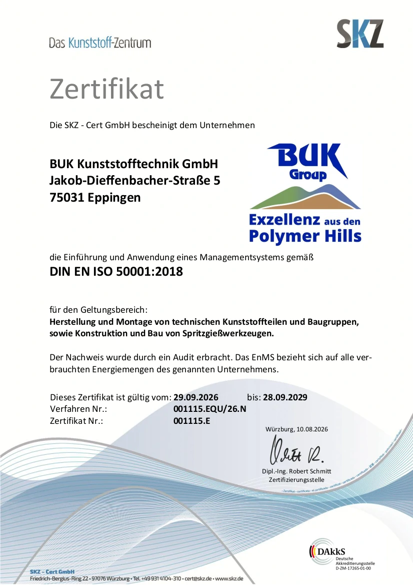 Zertifikat ISO 50001 Energiemanagement BUK Kunststofftechnik GmbH herunterladen
