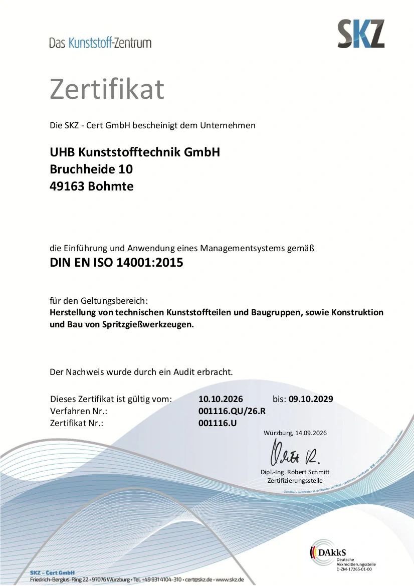 Zertifikat ISO 14001 Umweltmanagement UHB Kunststofftechnik GmbH herunterladen