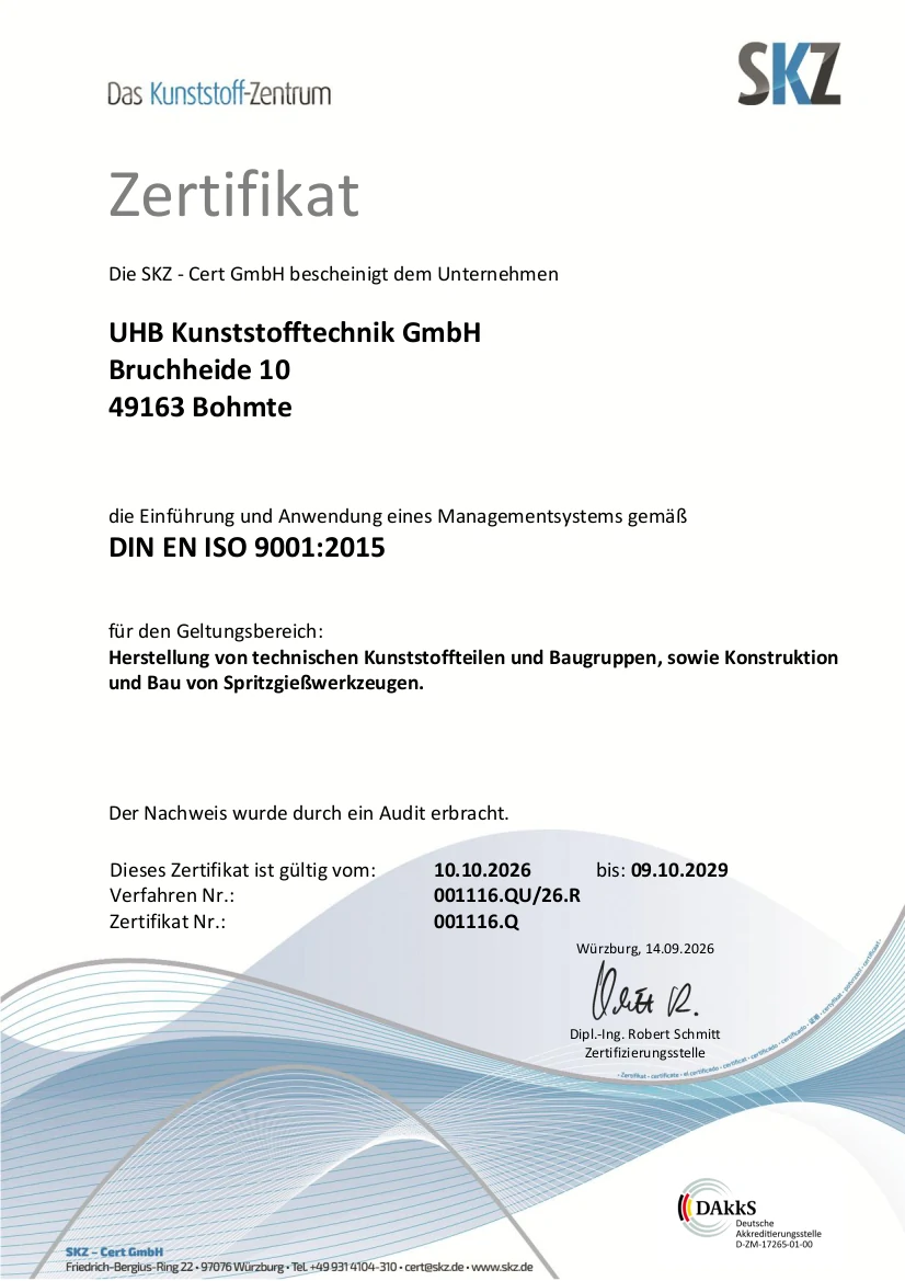 Zertifikat ISO 9001 Qualitätsmanagement UHB Kunststofftechnik GmbH herunterladen